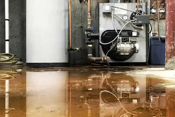 A basement with a flooded floor reflecting a water heater and boiler with pipes and cables.
