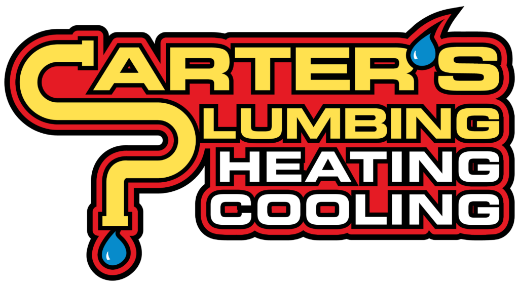 Carter's Plumbing, Heating, Cooling logo with red and yellow design, featuring a pipe and water droplets.