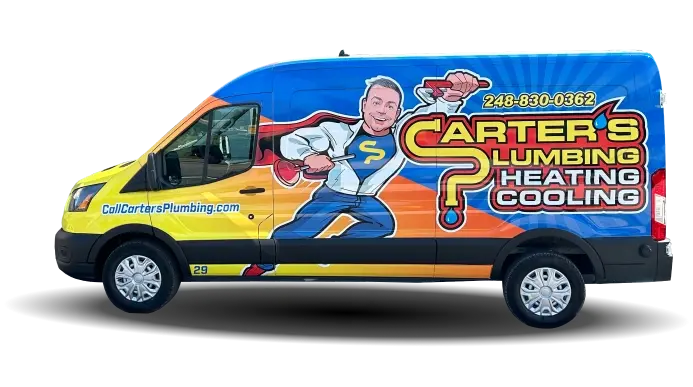 Blue and yellow Carter’s Plumbing, Heating, and Cooling van with a cartoon superhero holding a pipe wrench and business contact details on the side.