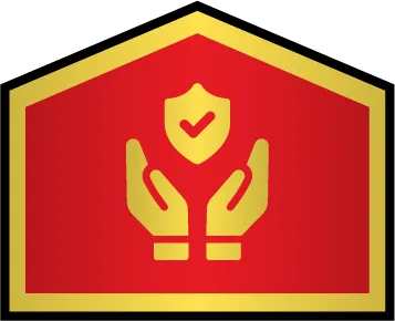 A gold outline of a house with two gold hands holding a shield with a check mark, set against a red background.