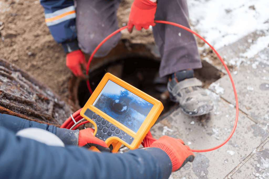 Two workers wearing red gloves use a sewer inspection camera with a monitor to examine the inside of a manhole on a snowy sidewalk.