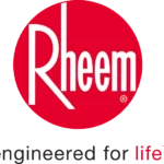 Rheem logo featuring the brand name in white letters on a red circular background.