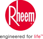 Rheem logo featuring the brand name in white letters on a red circular background.