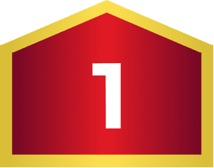 A white number 1 centered on a red shield-shaped background with a gold border.